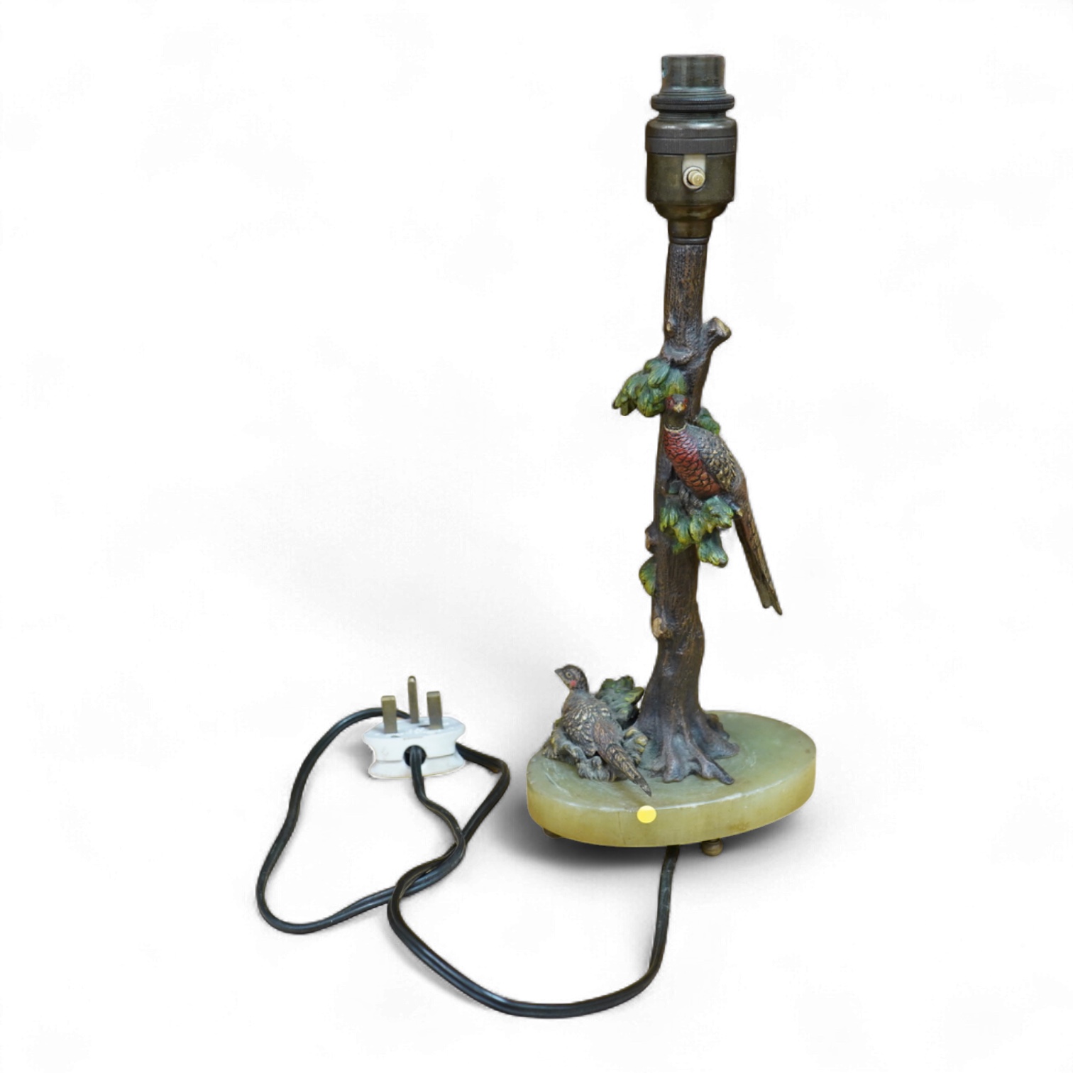 In the manner of Franz Xaver Bergmann (1861-1936), an Austrian cold painted bronze table lamp in the form a tree with pheasants, on green onyx oval base, unmarked, 34cm high including fitting